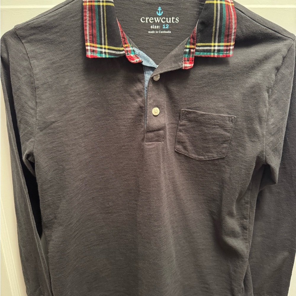 Crewcuts boys Gray Long Sleeve Polo with Plaid Collar